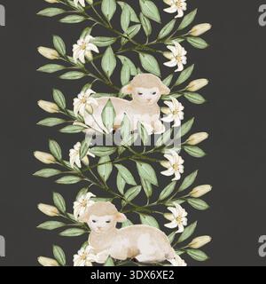 Nahtloser Aquarellrand mit Lamm, weißen Lilien auf dunklem Hintergrund. Blumenzweige mit grünen Blättern im Vintage-Stil. Perfekt für die Einrichtung im Kinderzimmer Stockfoto