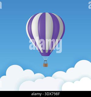 Vektor-Reise-Banner mit 3D realistischem weißem und lila Heißluftballon-Symbol auf einem blauen Himmel Hintergrund. Designvorlage, Sommerurlaub, Reisen Stock Vektor