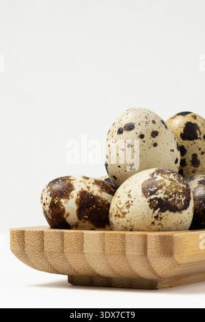 Eine Gruppe Wachteleier sitzt auf einem Holztablett. Die Eier haben gefleckte Muscheln und variieren in der Farbe. Stockfoto