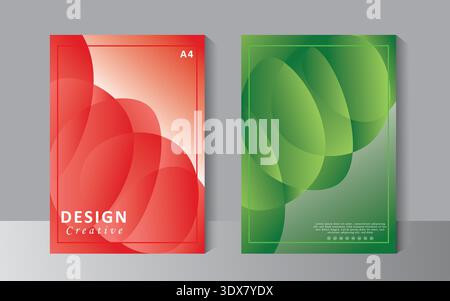 Rotes und grünes Broschürendesign mit abstrakter Form, Buchumschlag, Jahresbericht. Flyer-Vorlage, Poster, Katalog. Angebotsbroschüre zur Werbeaktion. Stock Vektor