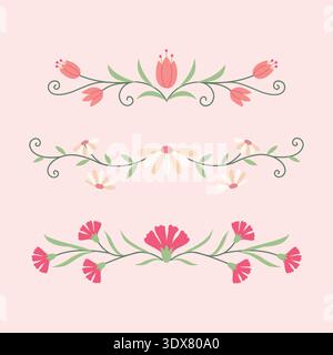 Blumenrand Set Vektor-Illustration in flacher minimaler Art, botanische Blumenteiler-Sammlung für Hochzeits-Einladung-Karte-Design Stock Vektor