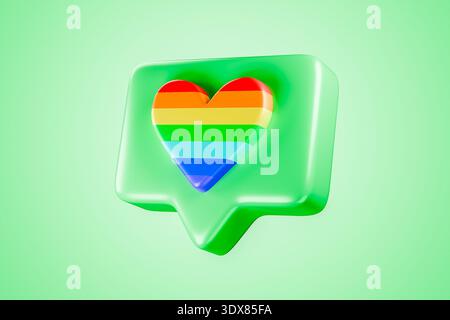 Grüne 3D-Sprechblase mit Regenbogenherzsymbol Stockfoto