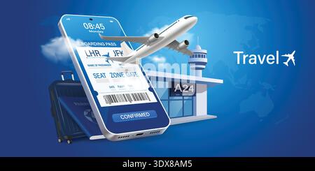 Mobile Bordkarte mit Flugsteig, Online Check-in Flugtickets Buchungs App Konzept, digitale Reise Service Illustration.Flugzeug ist taki Stock Vektor