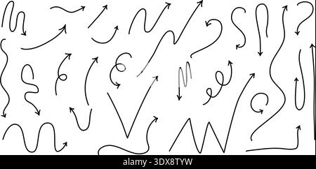 Satz von Pfeilen in verschiedenen Formen und Richtungen. Nach unten, oben, seitlich und diagonale Bewegungen. Farbige, handgezeichnete Pfeilsymbole: Zickzack, Wave, Curl Stock Vektor