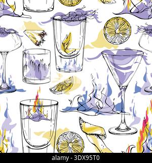 Lavendelflugcocktail in Martini-Glas, Wodka Tequila Gin Shots, flammender Sambuca-Alkohol mit Zitrusscheiben. Nahtloses handgezeichnetes Vektormuster Stock Vektor