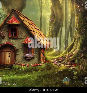 3D Rendering von Märchen kleine Hütte in magischen Wald Stockfoto