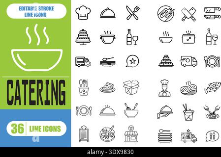 Dünne Linien-Icons für Catering. Mit Gabel, Löffel, Messer, Teller, Cloche, Tablett, Kochmütze, Getränk, Essen, Esstisch, und Kellner. Besteck oder Tisch Stock Vektor