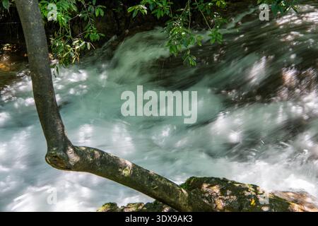 Klares türkisfarbenes Wasser, das über eine natürliche Kalksteinbarriere in Xiaoqikong Scenic Area, Libo County, Provinz Guizhou, China fließt. Stockfoto