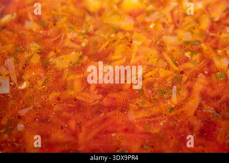 Warme Borschtsuppe, rot, serviert in einer tiefen Schüssel mit Kartoffelstücken und geriebenem Kohl, gehackten Kräutern, nostalgischem Aroma und wohltuender Kälte Stockfoto