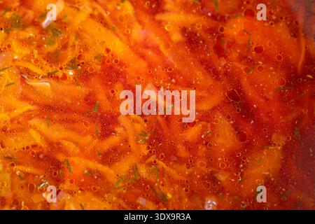 Kochende hausgemachte Borschtsuppe mit Rüben, leuchtender roter Brühe, gefüllt mit geriebenem Kohl, Kartoffelwürfeln, glitzernden Öltröpfchen und frischen Di Stockfoto