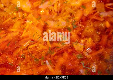 Traditionelles, hausgemachtes Familienrezept aus Osteuropäischem Borschtsch mit geriebenem Kohl, erdigen Rüben, Kartoffelwürfeln, frischem Dill und Verpflegungsset Stockfoto