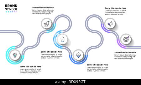 Infografik-Vorlage mit Symbolen und 6 Optionen oder Schritten. Zickzacklinie. Kann für Workflow-Layout, Diagramm, Banner und Webdesign verwendet werden. Vektorabbildung Stock Vektor