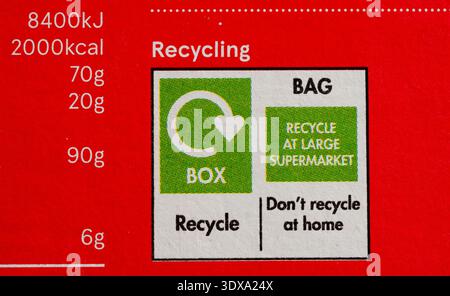 Recycling-Informationen auf Frühstückszerealien, UK Stockfoto
