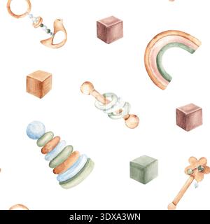 Nahtloses Babymuster. Holzspielzeug und Rasseln in Wasserfarben. Geeignet für Stoffe, Textilien, Tapeten, Geschenkpapier und Babyduschen. Stockfoto