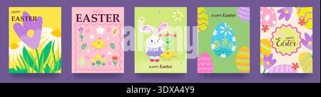 Ein Set niedlicher Osterkarten mit einem Häschen und einer Tussi. Trendiges, modernes Design mit gemusterten Ostereiern und Blumen auf strukturiertem Hintergrund. Viel Spaß, Ea Stock Vektor