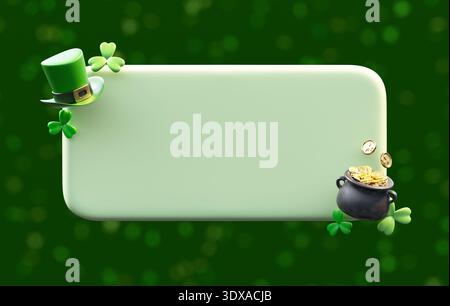 Vorlage für das Textfeld des Heiligen Patricks Day mit grünem Leprechaun Hut, Schamrock und Topf aus Gold auf dunkelgrünem, festlichen Feiertagssymbolen in 3D-Illustration Stockfoto