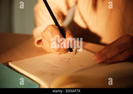 Sonnenlicht scheint auf der Hand einer Geschäftsfrau, die im Büro mit Bleistift im Tagebuch schreibt Stockfoto