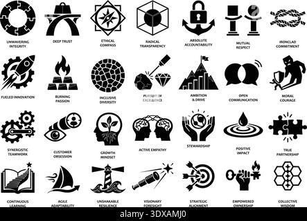 Diese umfassende Sammlung von 28 minimalistischen Schwarz-weiß-Symbolen veranschaulicht wesentliche Unternehmensprinzipien wie Integrität und Innovation Stock Vektor