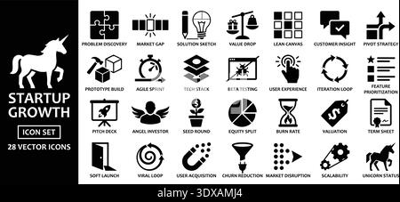 Dieses professionelle Wachstumsvektor-Symbol-Set von Startups enthält achtundzwanzig flache schwarze Symbole, die sich perfekt für Geschäftspräsentationen, Pitch-Decks und Financi eignen Stock Vektor