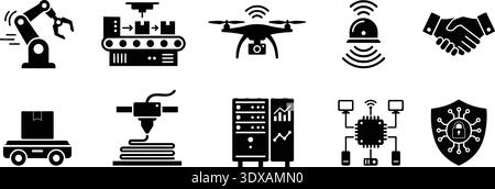 Diese umfassende Sammlung von Symbolen für die industrielle Automatisierung repräsentiert moderne intelligente Fabriktechnologien, einschließlich Logistik, Robotik und Datenverbindung Stock Vektor