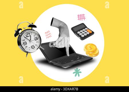 Collage eines Mannes, der einen Laptop auf einem weißen Kreis mit Taschenrechner, Wecker und Dollarmünzen auf gelbem Hintergrund zeigt Stockfoto