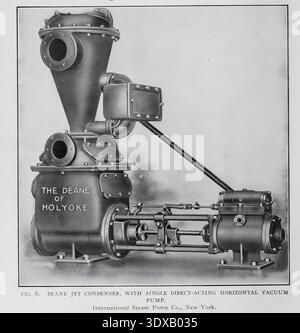 DEANE-STRAHLKONDENSATOR MIT EINFACH DIREKT WIRKENDER HORIZONTALER VAKUUMPUMPE. International Steam Pump Co., New York. Aus dem Artikel DIE AUSWIRKUNGEN DES VAKUUMS AUF DIE WIRTSCHAFTLICHKEIT VON DAMPFMASCHINEN. Von R. M. Neilson. Vom Engineering Magazine gewidmet dem Industrial Progress Band XXIX April - September 1905 The Engineering Magazine Co Stockfoto