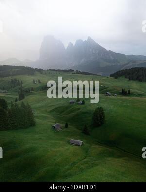 Aus der Vogelperspektive auf sanfte grüne Wiesen treffen die zerklüfteten Gipfel der Dolomiten unter weichem, diffusem Licht auf die Seiser Alm, Trentino-Südtirol, Italien. Stockfoto