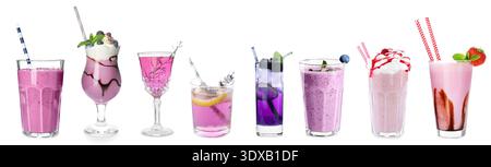 Verschiedene violette Cocktails isoliert auf weiß, Set Stockfoto