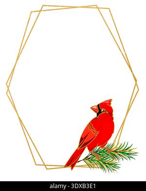goldener Rahmen mit rotem Kardinalvogel. Weißer Hintergrund, weihnachtsillustration Stockfoto