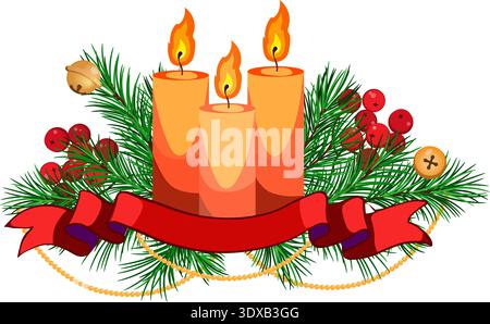 Weihnachtsarrangements mit Tannenzweigen, Kerzen, Band, Glocken und goldenen Girlande Stock Vektor