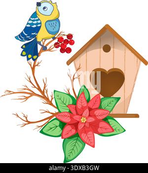 Weihnachtskomposition mit Titmaus, Vogelhaus und Weihnachtsstern Stock Vektor