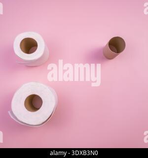 Drei Rollen Toilettenpapier auf rosa Hintergrund. Zwei volle Rollen und ein leeres Pappröhrchen sind in einem einfachen Layout angeordnet. Stockfoto