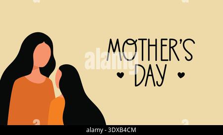 Minimalistisches Design zur Begrüßung zum Muttertag mit Illustration von Mutter und Tochter mit schwarzem Haar, die sich mit Liebe anschauen. Stock Vektor