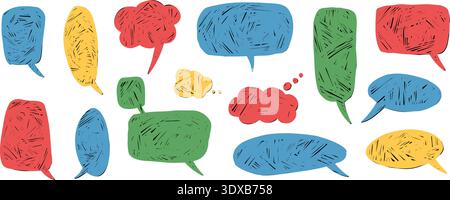 Handgezeichnete Sprachblasen in Pastellkreide-Textur. Doodle-Dialoge für Comic-Chats. Farbenfroher Sprechballon mit Kreidezeichnung und verspieltem ha Stock Vektor