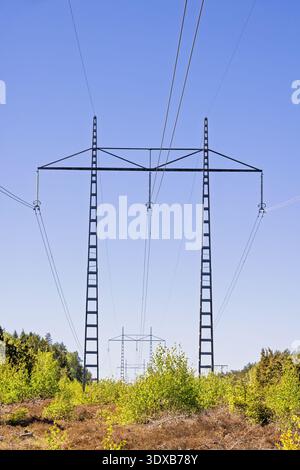 Hochspannungsleitung mit Türmen am blauen Himmel Stockfoto