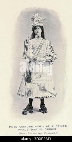 Junge Frau, die im Gewinnerkostüm mit Musikinstrumenten und Bildern zu Händels Oratorium Messias steht, bereitet sich auf den Kristallpalast-Eiskunstkarneval aus dem Sport der Welt vor, mit Illustrationen aus Zeichnungen und Fotografien von Aflalo, Friedrich G. (Friedrich Georg), 1870-1918 Veröffentlichungsdatum 1905 Stockfoto