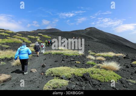 Touristen auf einer geführten Tour durch die Vegetation, die die Lavahänge des Ätna-Vulkans, Sizilien, Italien, Europa wiederbesiedelt Stockfoto