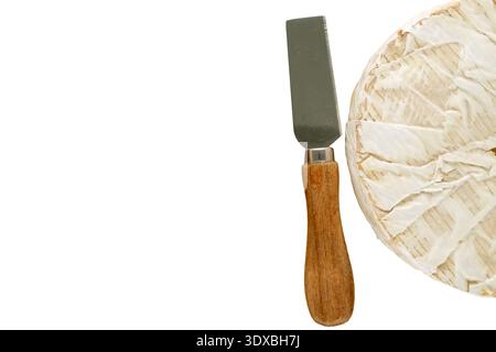 Brie Käse isoliert auf weißem Hintergrund, Nahaufnahme, Draufsicht. Stockfoto