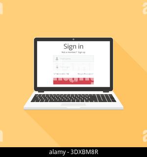 Anmeldeformular auf dem Laptop-Bildschirm. Laptop mit Anmelde- und Passwortseite. Vektorabbildung. Stock Vektor