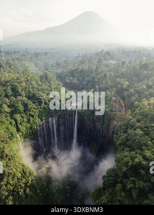 Blick aus der Vogelperspektive auf den majestätischen Tumpak Sewu Wasserfall, der durch üppige grüne Vegetation fällt, mit der trüben Silhouette des Mount Semeru in der Ferne, J Stockfoto