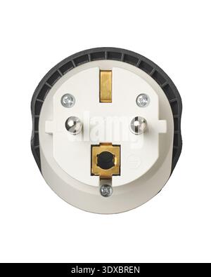 Runder weißer Kunststoff-Netzteilstecker mit isoliertem weißem Hintergrund, zwei metallische Stifte und Erdungsklemme, technische Daten und zentrales Quadrat Stockfoto