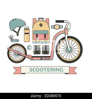 Roller Design Elements Kollektion in Line Art. Roller Fahrausrüstung und Zubehör Lifestyle-Symbole Set mit Ausrüstung und Stadtbekleidung. Stock Vektor