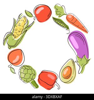 Kranz mit handgezogenem Gemüse und Obst im Kreis angeordnet. Bunter flacher Illustrationshintergrund für gesundes Essen Menü, Verpackung und Bio Stock Vektor