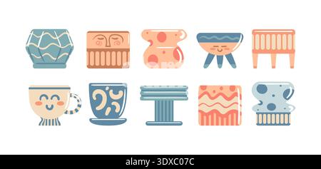 Minimalistische flache Vektor-Illustration des Keramiksets mit stilvollen Tassen, eleganten Vasen und strukturierten Töpfen. Klare Formen, erdige organische Palette und Stock Vektor