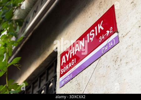 Istanbul, Türkei - 23. August 2024: Rotes Ayhan Isik Straßenschild an einer strukturierten Gipswand in Beyoglu befestigt, eingerahmt von grünen Blättern und architektonischem de Stockfoto