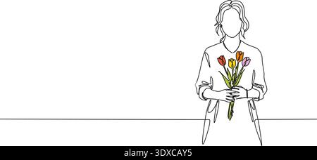 Durchgehende Linienzeichnung der Frau, die einen Tulpenbund mit beiden Händen hält, Linie Art Vektor Illustration Stock Vektor