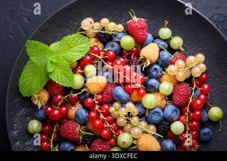Die Deckenzusammensetzung von verschiedenen Waldbeeren in Keramikplatten. Rote und weiße Johannisbeeren, Heidelbeeren, Himbeeren, Stachelbeeren, frische Bio-Ernte Stockfoto