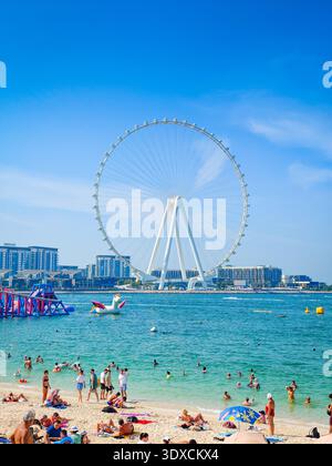 12 03 2025 - Dubai, Vereinigte Arabische Emirate. JBR und Ain Dubai Riesenrad im Hintergrund auf Bluewaters Island in Dubai. Panoramafoto Stockfoto