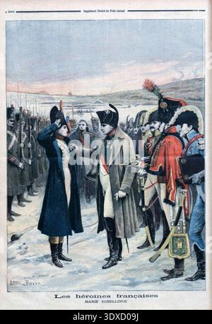 Diese Illustration aus der Ausgabe des Le Petit Journal vom 10. September 1894 zeigt eine Szene mit dem Titel „Les Héroines Francaises: Marie Schellinck“. Es zeigt Napoleon Bonaparte, der Marie Schellinck die Ehrenlegion auf einem verschneiten Schlachtfeld vor seinen versammelten Truppen präsentiert (fiktives Ereignis). Stockfoto