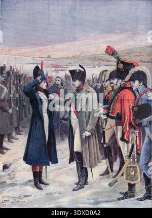 Diese Illustration aus der Ausgabe des Le Petit Journal vom 10. September 1894 zeigt eine Szene mit dem Titel „Les Héroines Francaises: Marie Schellinck“. Es zeigt Napoleon Bonaparte, der Marie Schellinck die Ehrenlegion auf einem verschneiten Schlachtfeld vor seinen versammelten Truppen präsentiert (fiktives Ereignis). Stockfoto